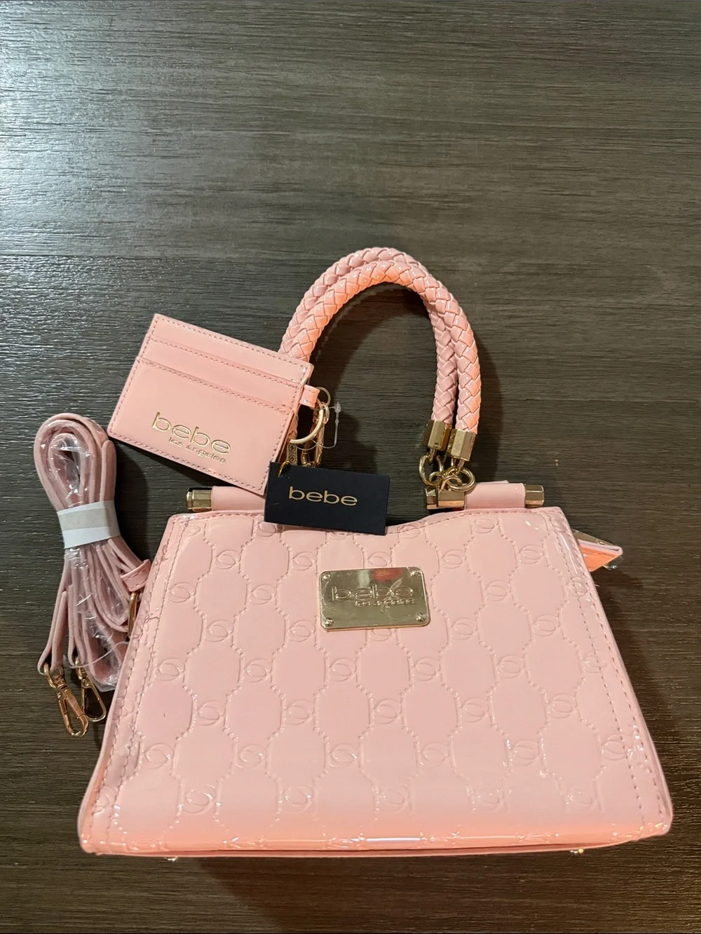🛍 NWT 🛍 bebe Pink Patent Braided-Handle Satchel , WITH CARD HOLDER 🛍